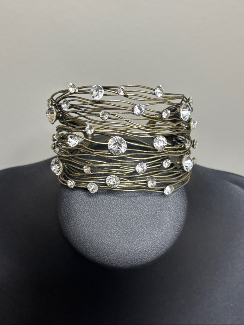 Brutalist Rhinestone Wire Cuff Bracelet Large Statement Piece Antique Gold Tone